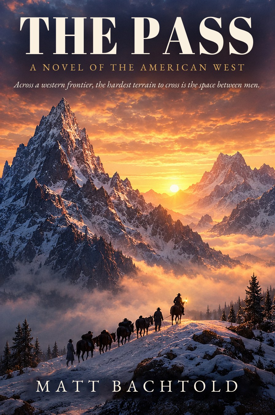 Cover of The Pass by Matt Bachtold: a mule train and riders climb a snowy ridge toward a jagged peak at sunset.